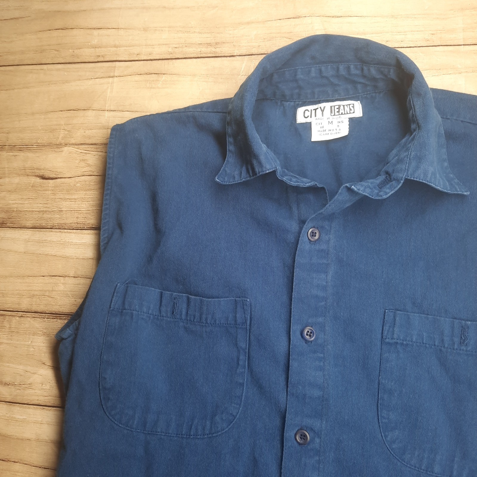 City Jeans Men’s Blue Biker Style Shirt Sleeveless USA Vtg Style Medium READ
