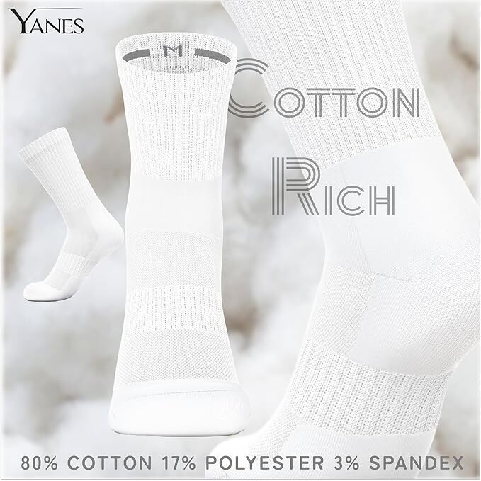 YANES Everyday Cushioned Crew Socks 6-8 / 8-12Socks -6 Pairs,White, Large-Medium