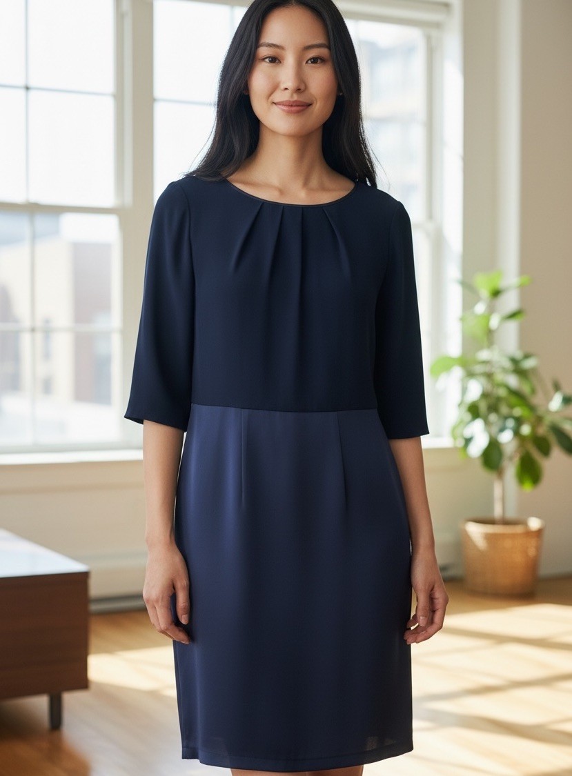 Apanage Midi Dress Navy Satin Size S EU 36 Round Neck Half Sleeve Party Office
