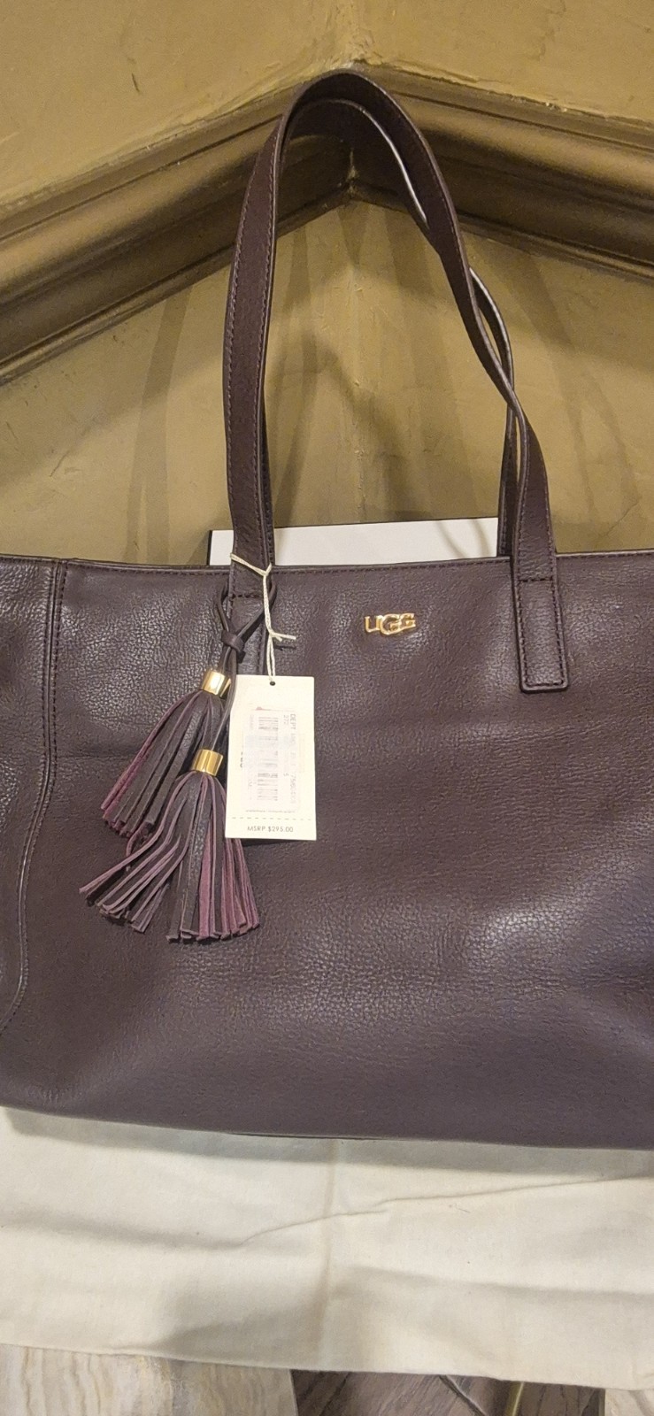 UGG Purple Pebbled Tote Shoulder Bag Zip Top Tassel Charm Gold Hardware Pockets