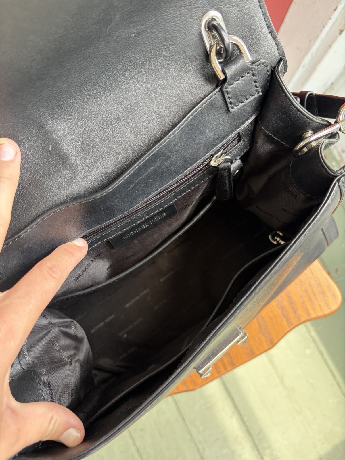 Michael Kors Black Medium Satchel Top Handle Push Lock Detachable Strap Pockets