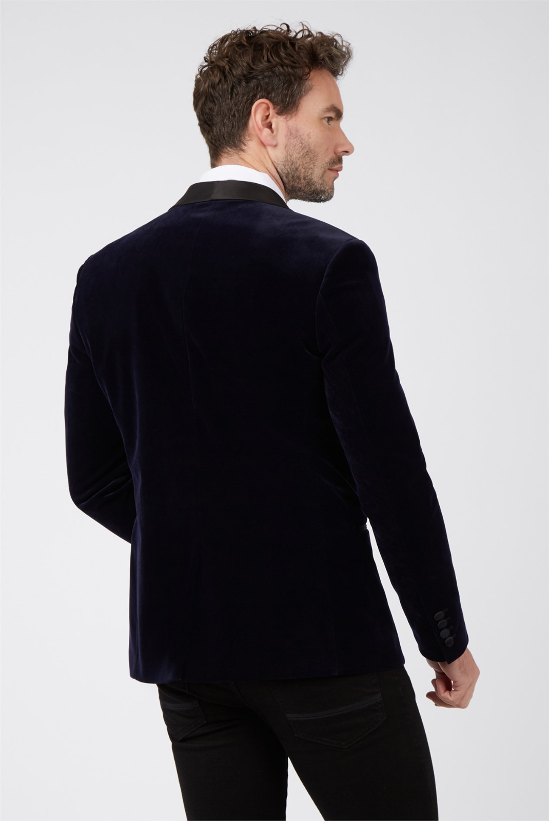 Slim Fit Smoking Jacket Navy Blue Velvet Tuxedo Shawl Collar Blazer One Button