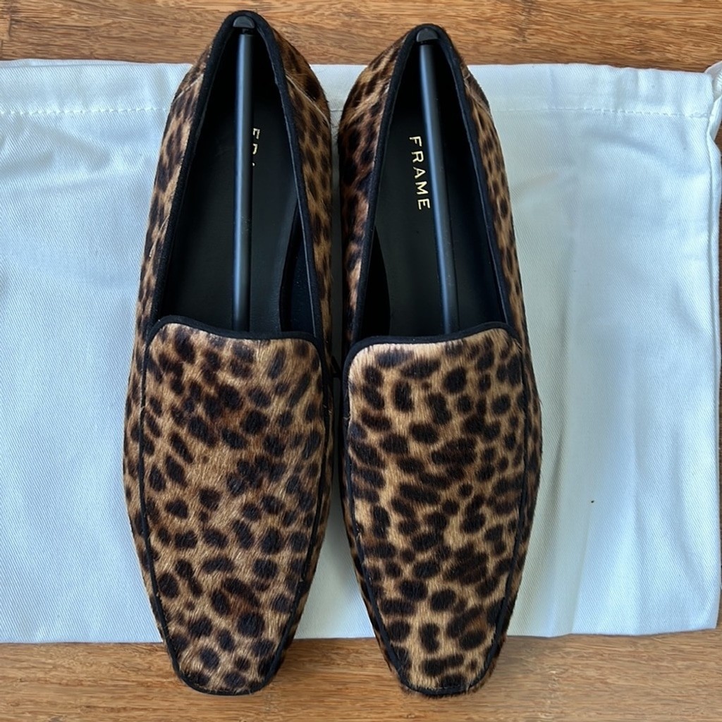 NEW FRAME Designer Le Verona Leather Leopard Print Loafers 38 w/ Dust Bag