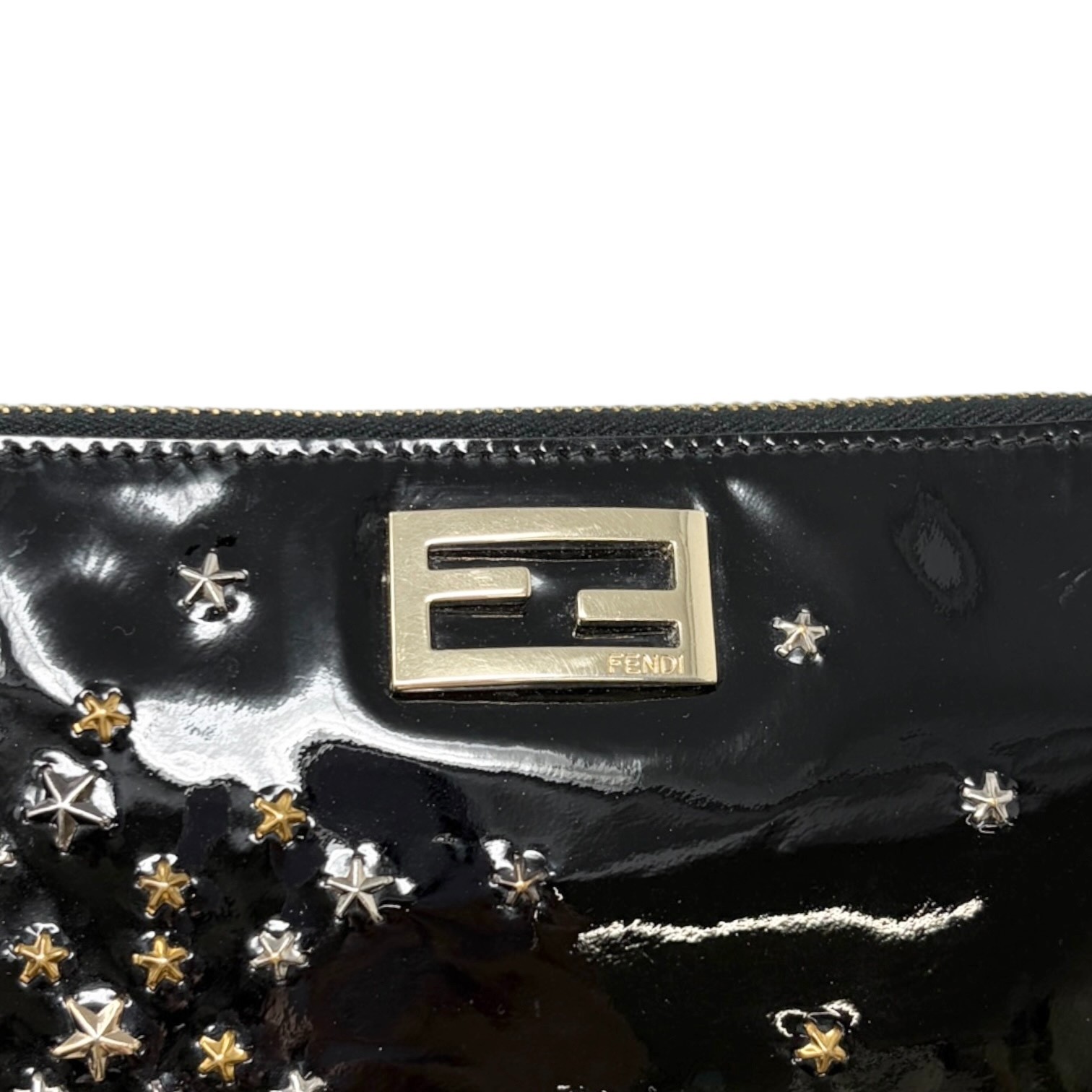 FENDI Vintage FF Logo Star Studs Mini Chain Shoulder Bag Black Gold 902276