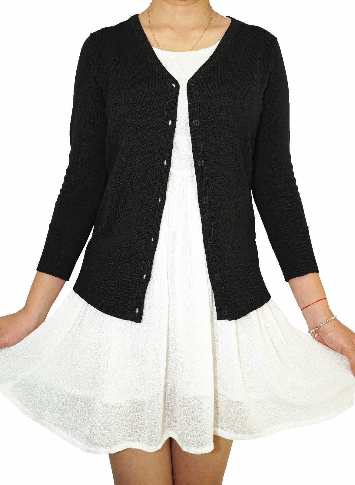 Women Fitted Cardigan V-Neck 3/4 Sleeve Vintage Soft Knit Basic & Plus Size USA
