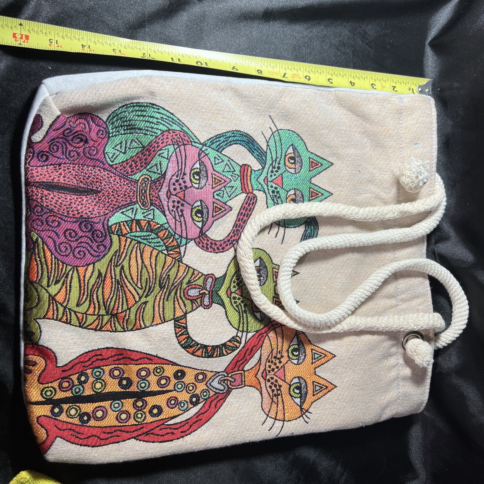 Boho Cat Tapestry Fabric Tote Bag for Women Anatolian Pattern Shoulder Bag