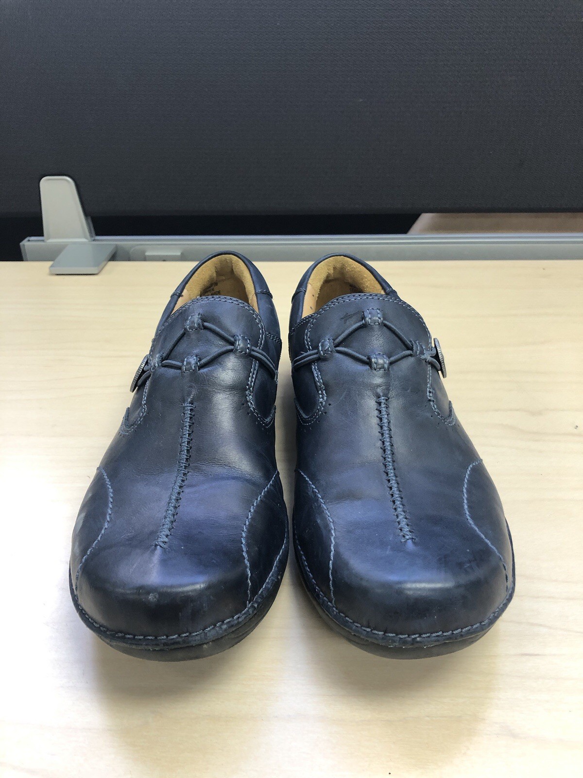 Clarks Structured Un Loop Dark Marine Blue Leather Flat Slip-On Shoes 9.5M