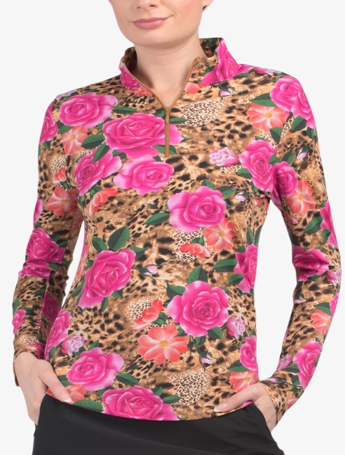 NWT IBKUL Golf Tennis 1/4 Zip Pullover Top S M L XL Leopard Rose Longsleeve P4