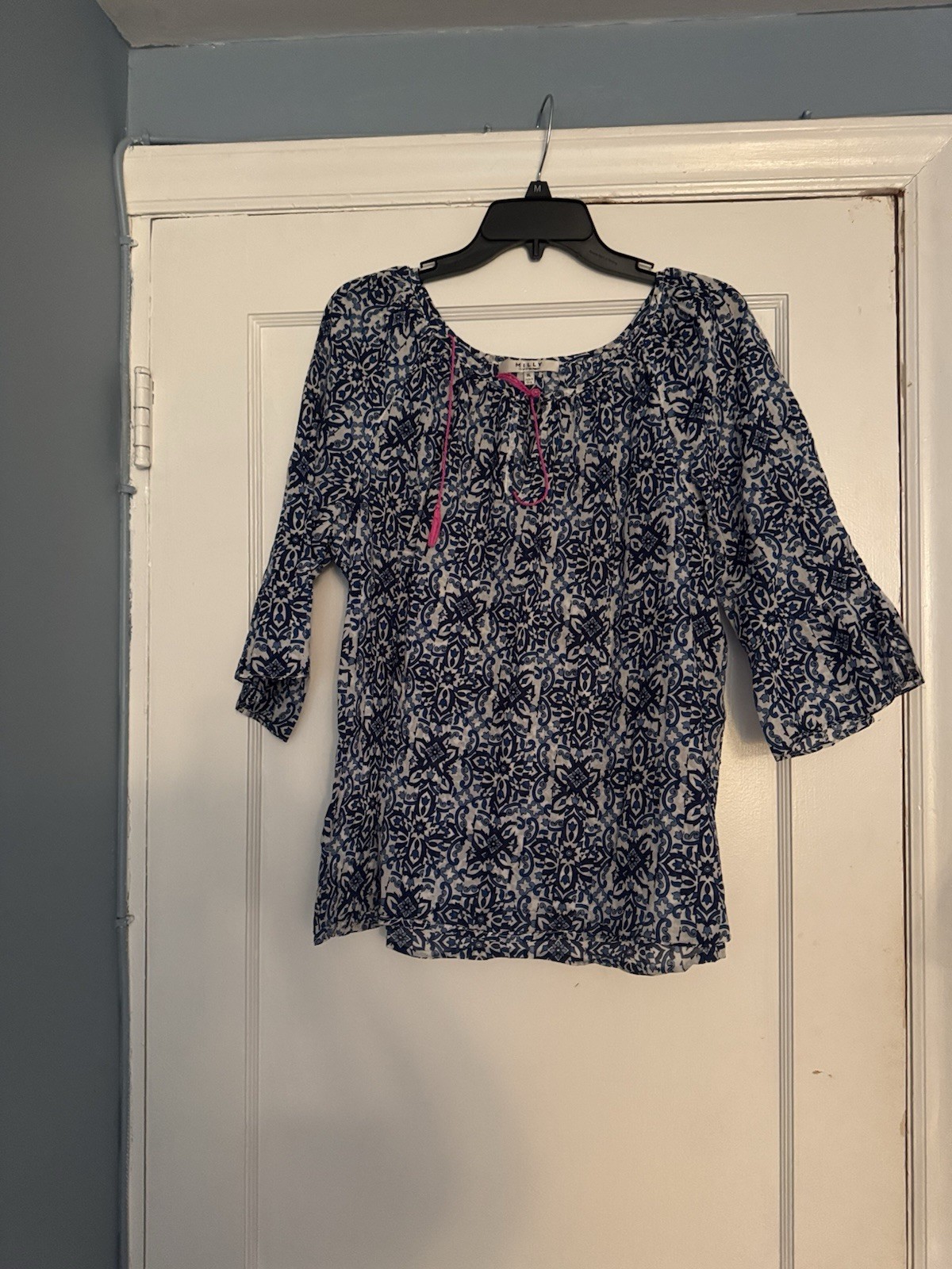 MILLY Peasant Blouse Floral Blue White Pink Cotton Tie Neck Tassel XL