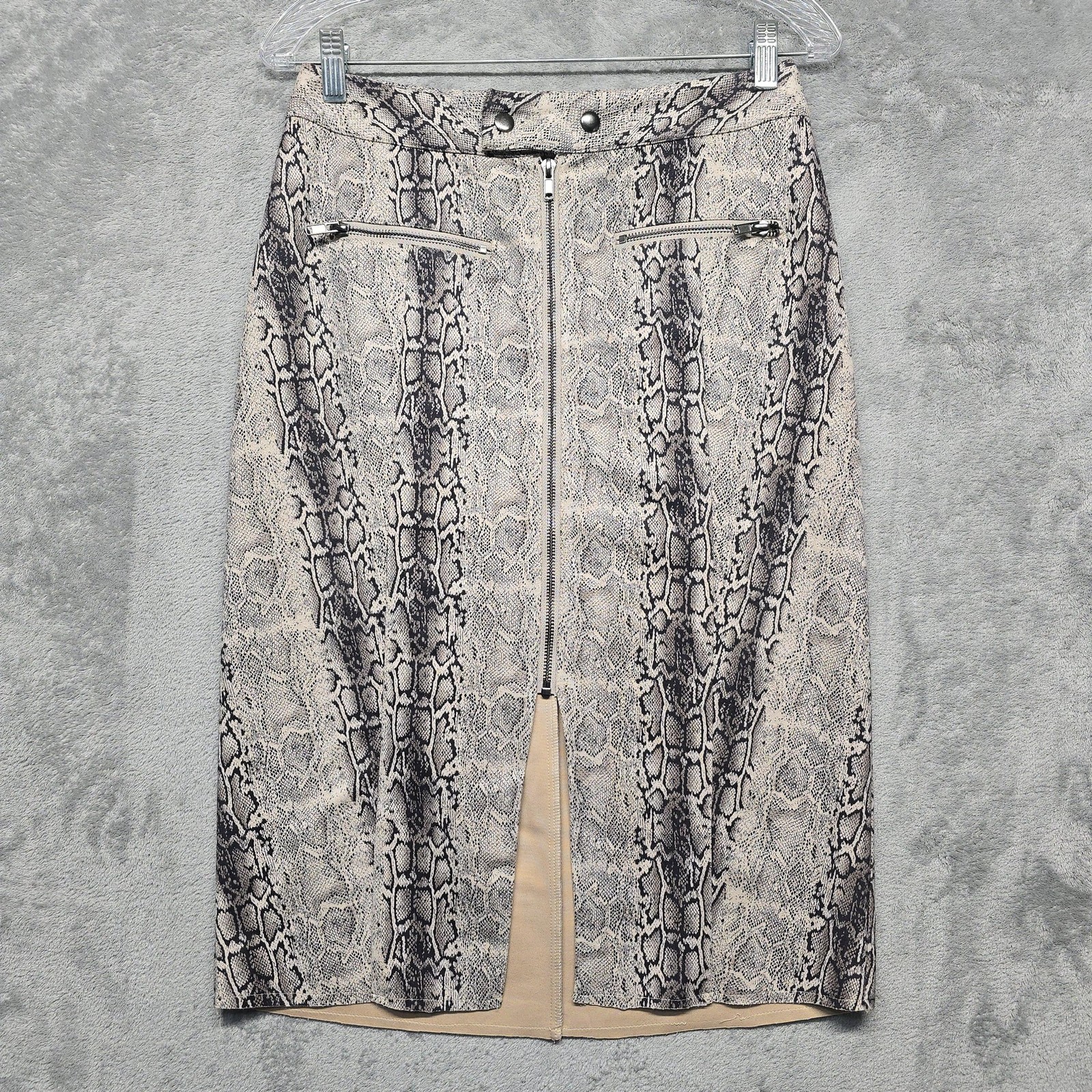 FATE Skirt Womens Size Medium Beige Snake Print Pencil Midi Zip Faux Pockets