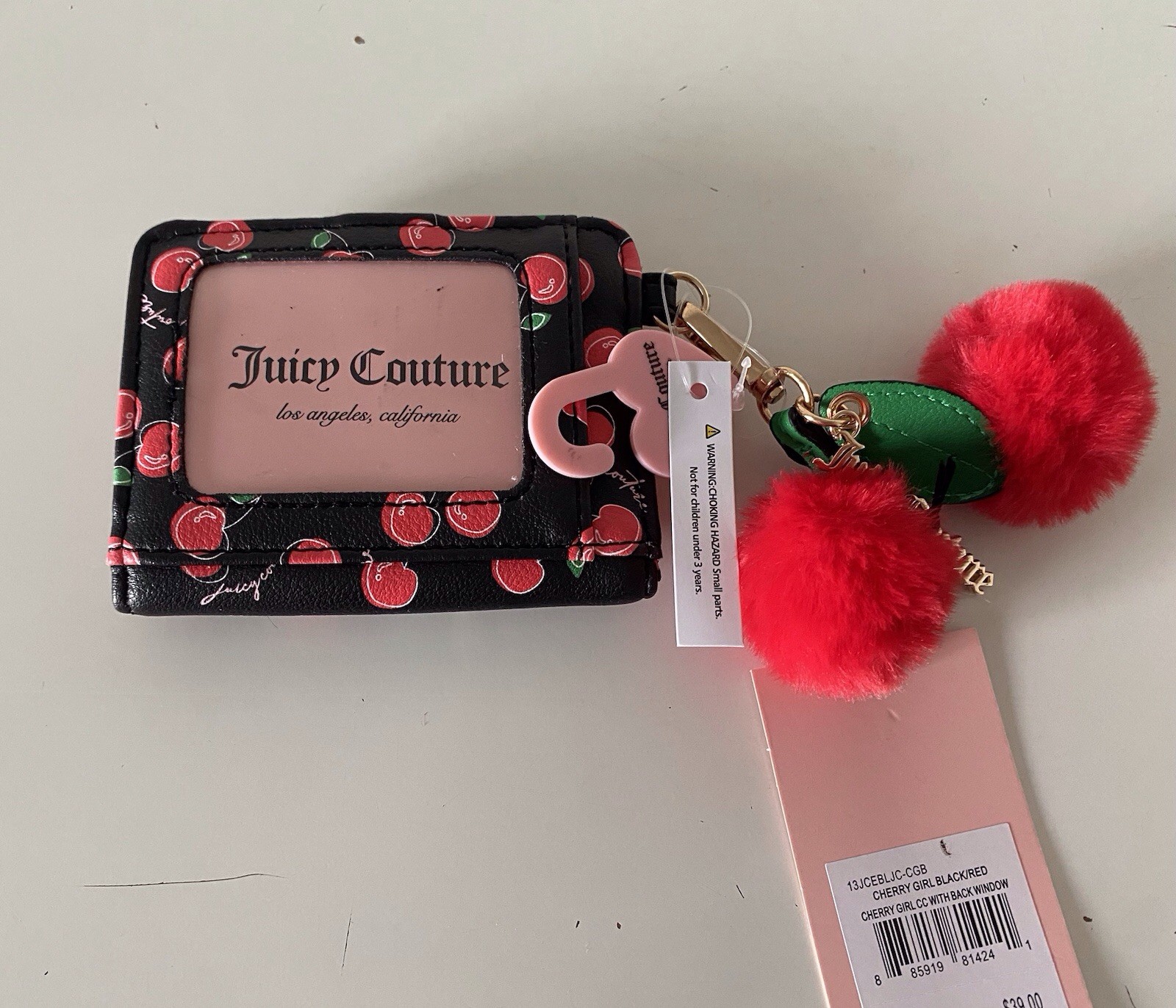 Juicy Couture Cherry Girl CC Wallet W/Back Window Black Red W/Charm Pom Pom NEW