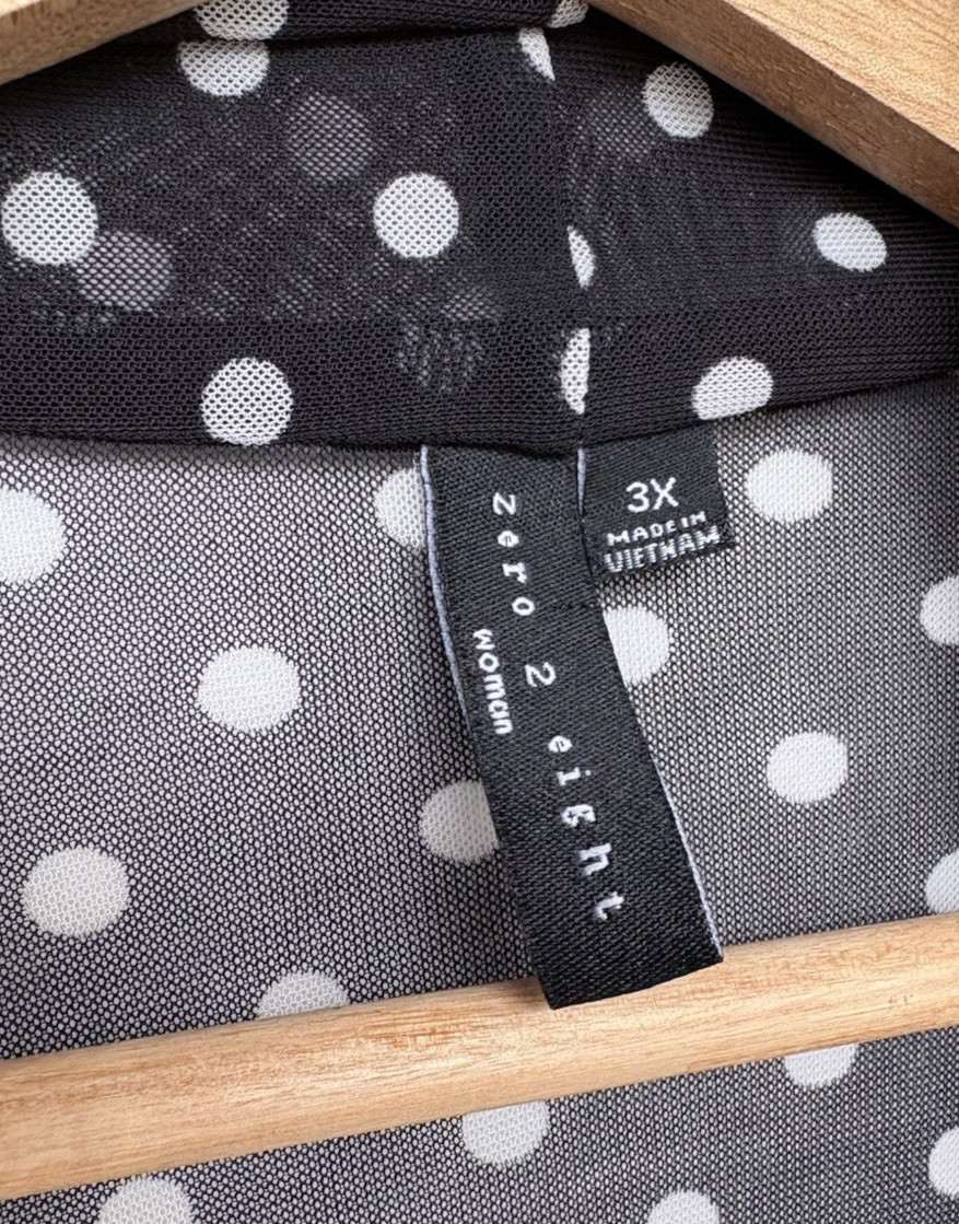 Zero 2 Eight Plus 3X Sheer Mesh Polka Dot Open Front Cardigan Black White Draped