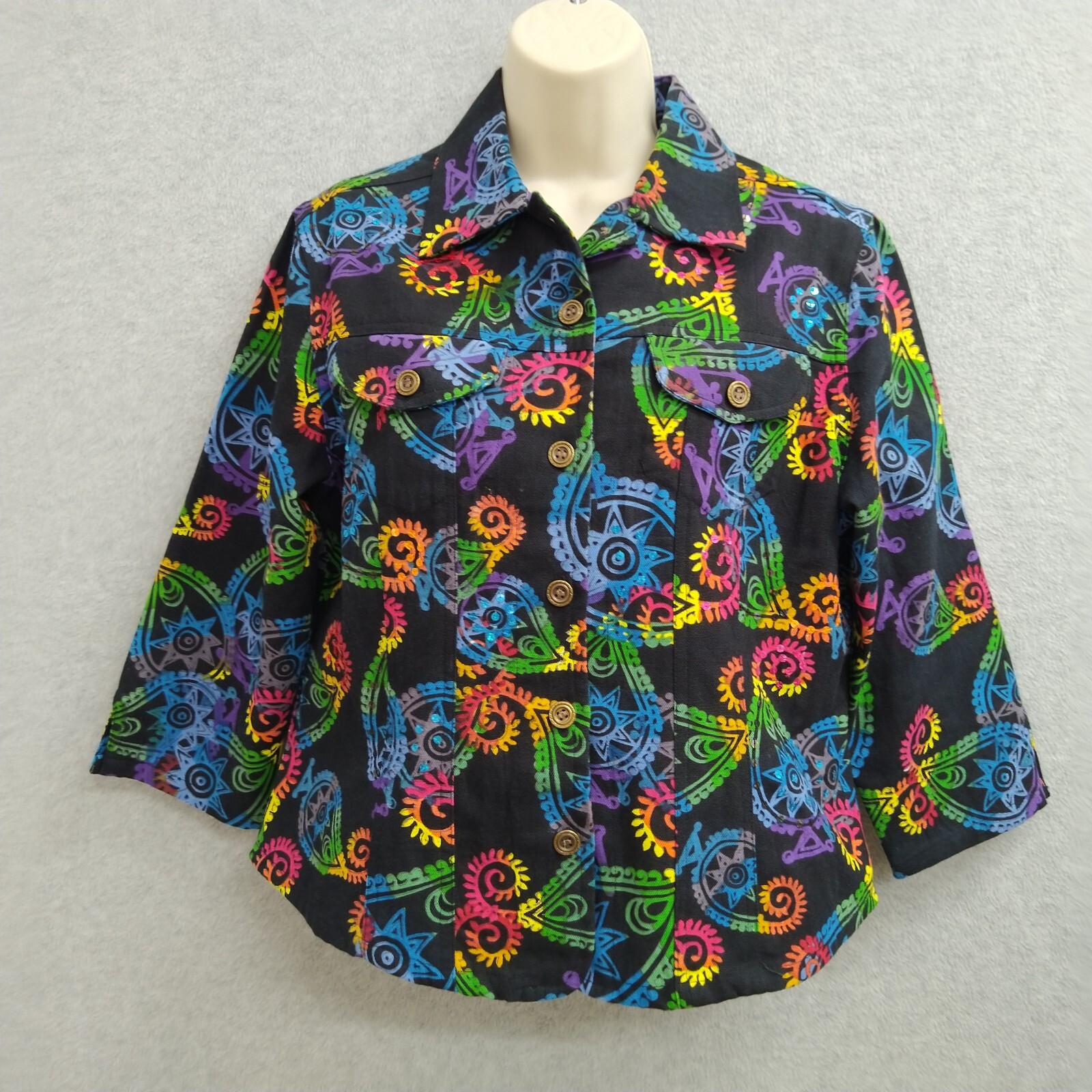 Gaudy Coutue Womens Top Shirt Jacket Size M Black Colorfull Cotton 3/4 Sleeve