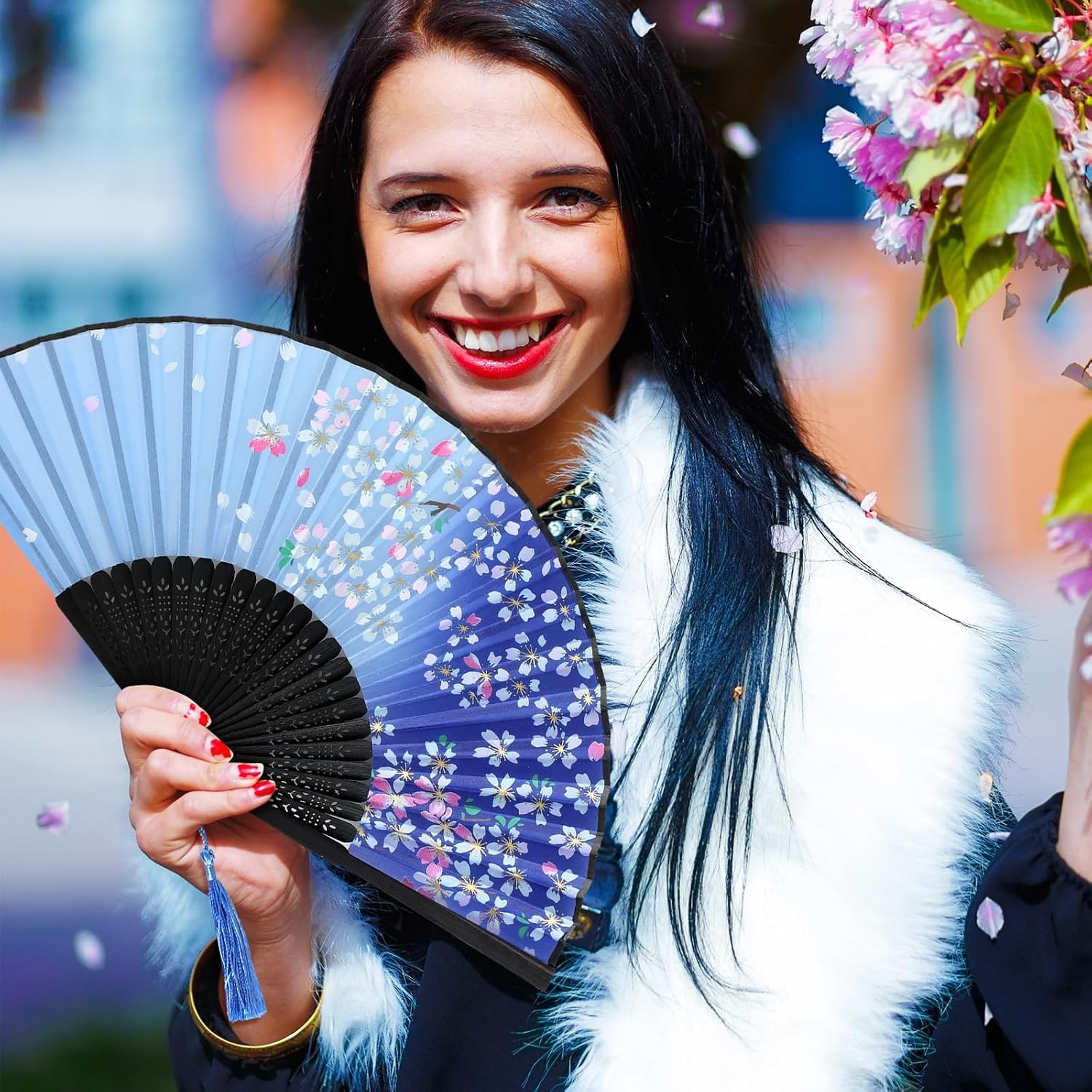 4 Pack Handheld Floral Folding Fans Hand Held Silk Bamboo Fans with Tassel(Chic)