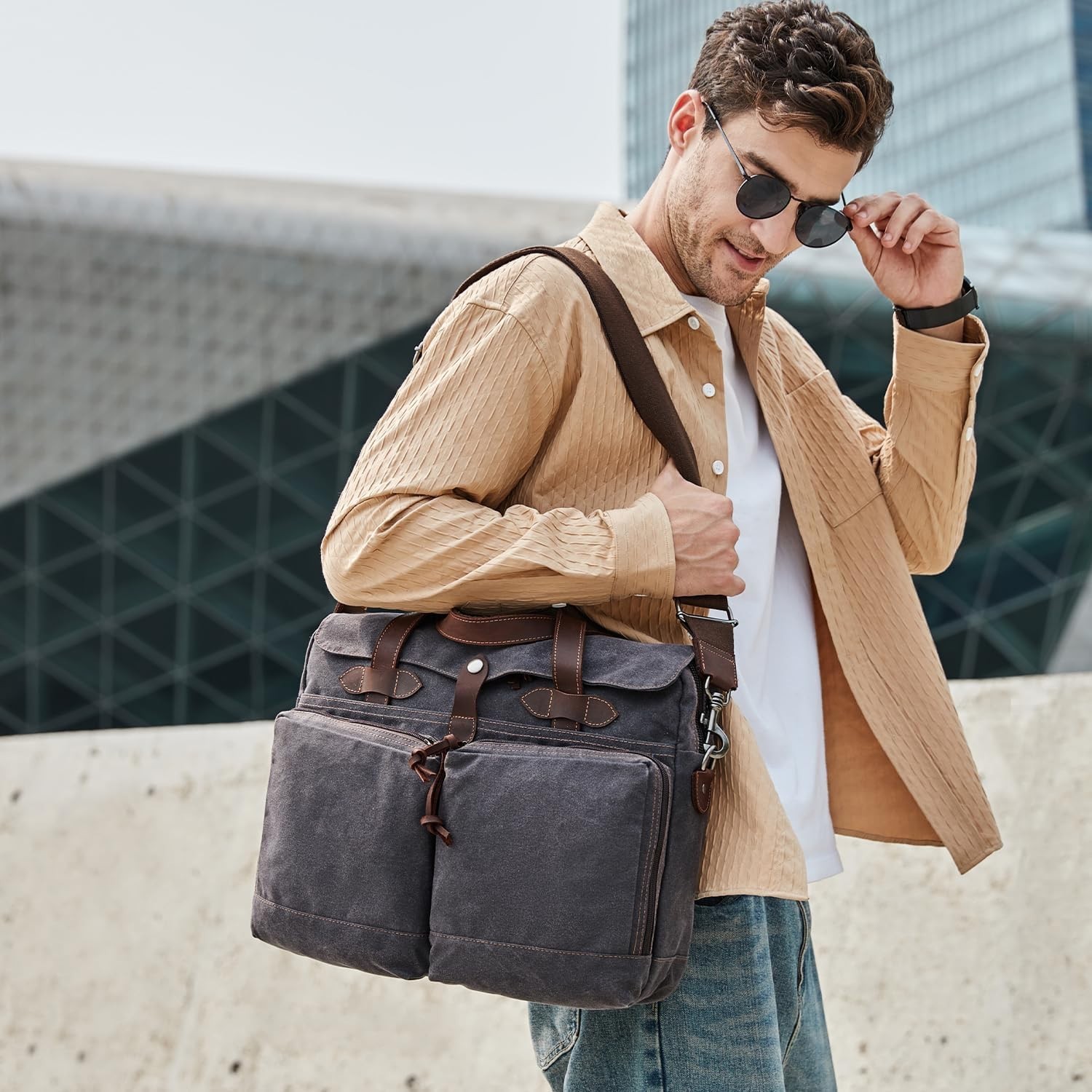 Laptop Bag for Men 15.6 Inch Messenger Bag Water-resistant Waxed Canvas BlackGra