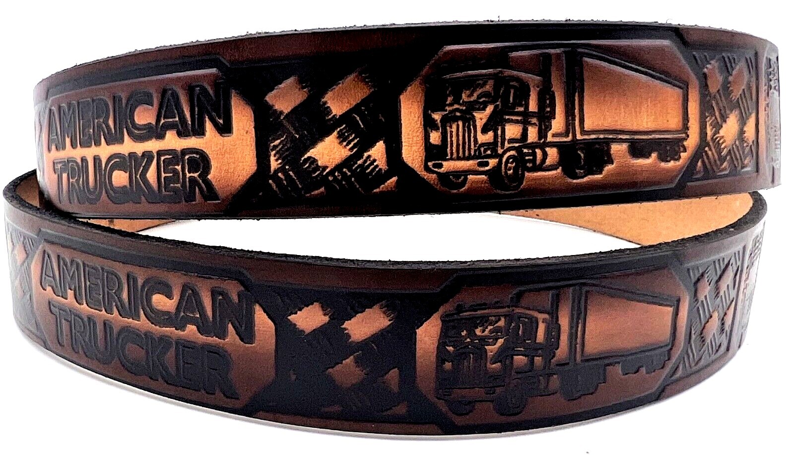 AMERICAN TRUCKER MOTORCYCLE COWHIDE EMBOSSED LEATHER BELT SIZE 26-48 MADE IN USA