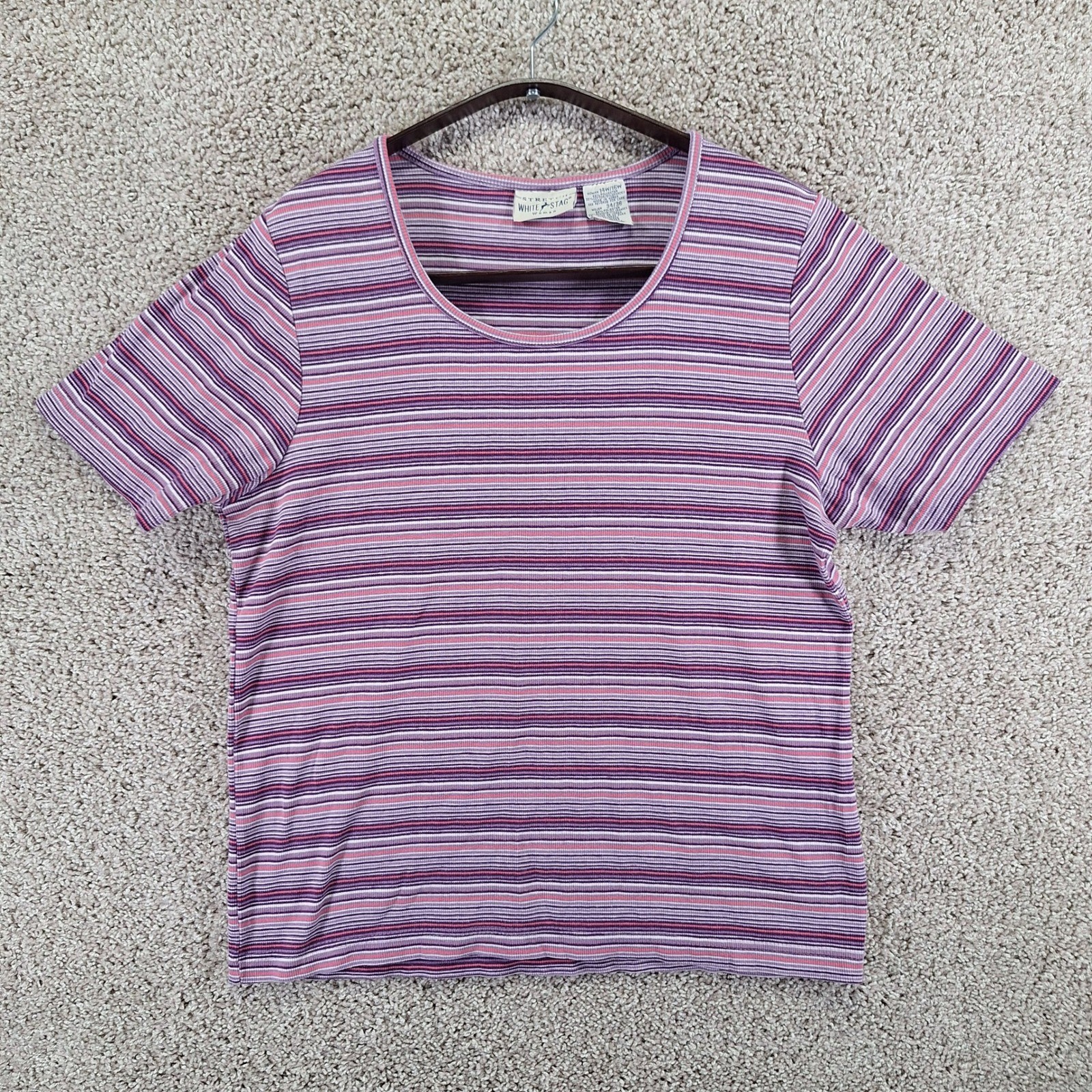 White Stag T-Shirt Woman 14W/16W Purple Petunia Striped Scoop Neck Vintage Y2K