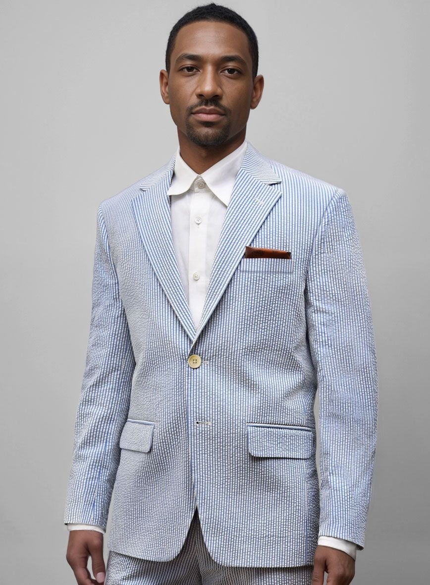 Blue Seersucker Men’s Suits 2Pieces Coat Evening Jacket Casual Leisure Blazer