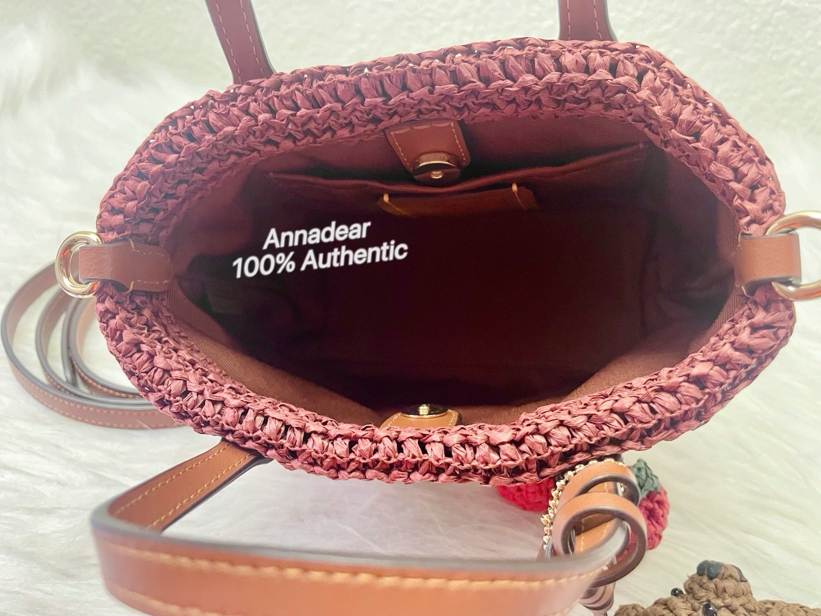 NWT Coach CEU30 City Mini Tote Bag With Charms in straw & Leather Gold/Russet