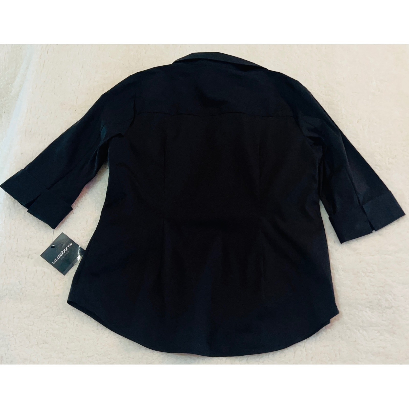 Liz Claiborne Career Black Stretch Button Up Shirt 3/4 Sleeve Hidden Placket M