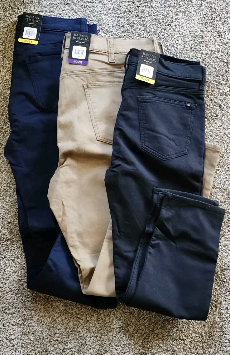 NWT Mens Banana Republic 5 Pocket Slim 98% Cotton BLUE BLACK TAN 30-40”