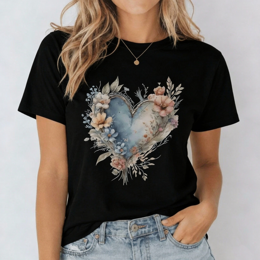 Watercolor Floral Heart Graphic Tee – Aesthetic Nature-Inspired Boho T-Shirt
