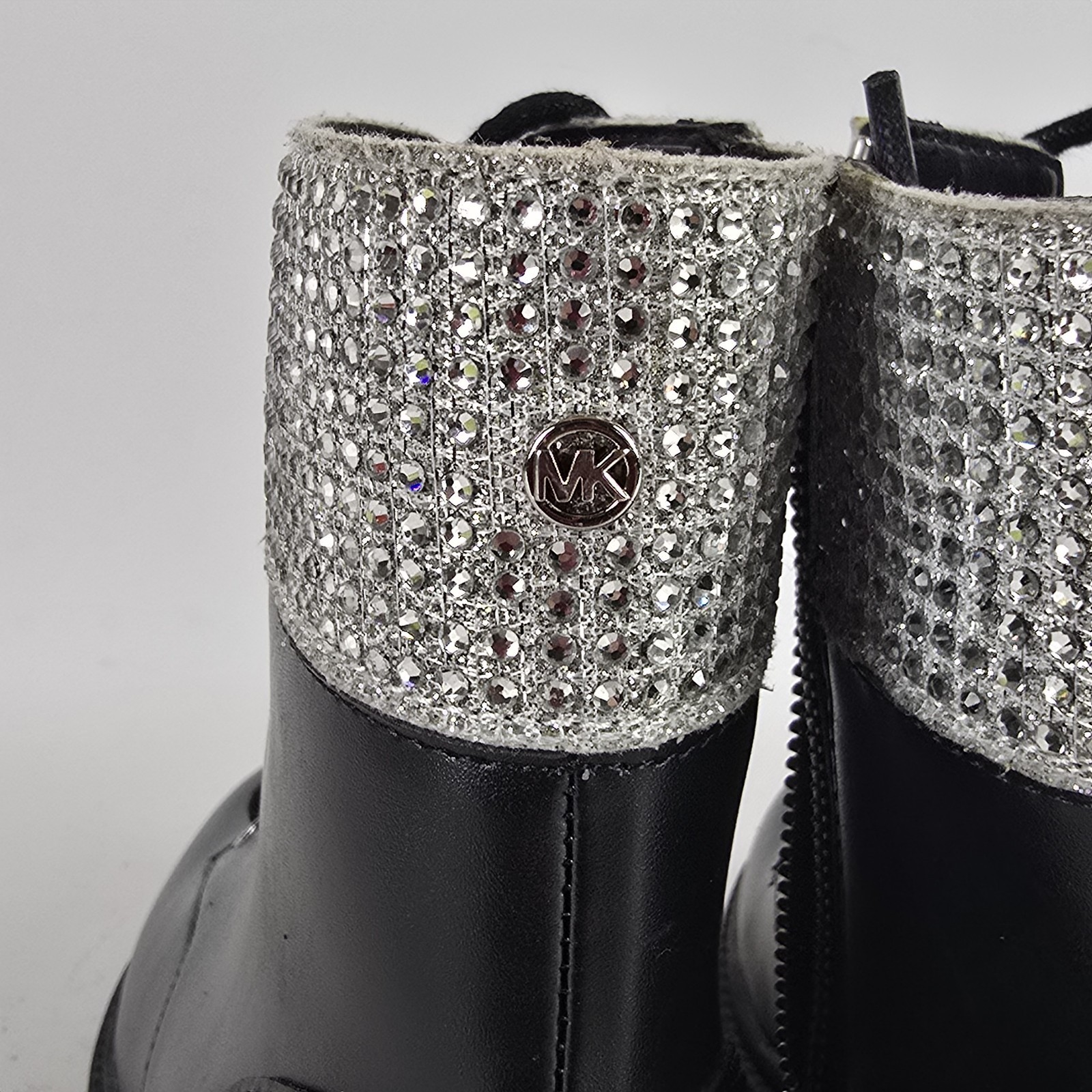 MK Michael Kors Alistair Glitter Combat Boot Black Bling 6M Zipper and Lace Up