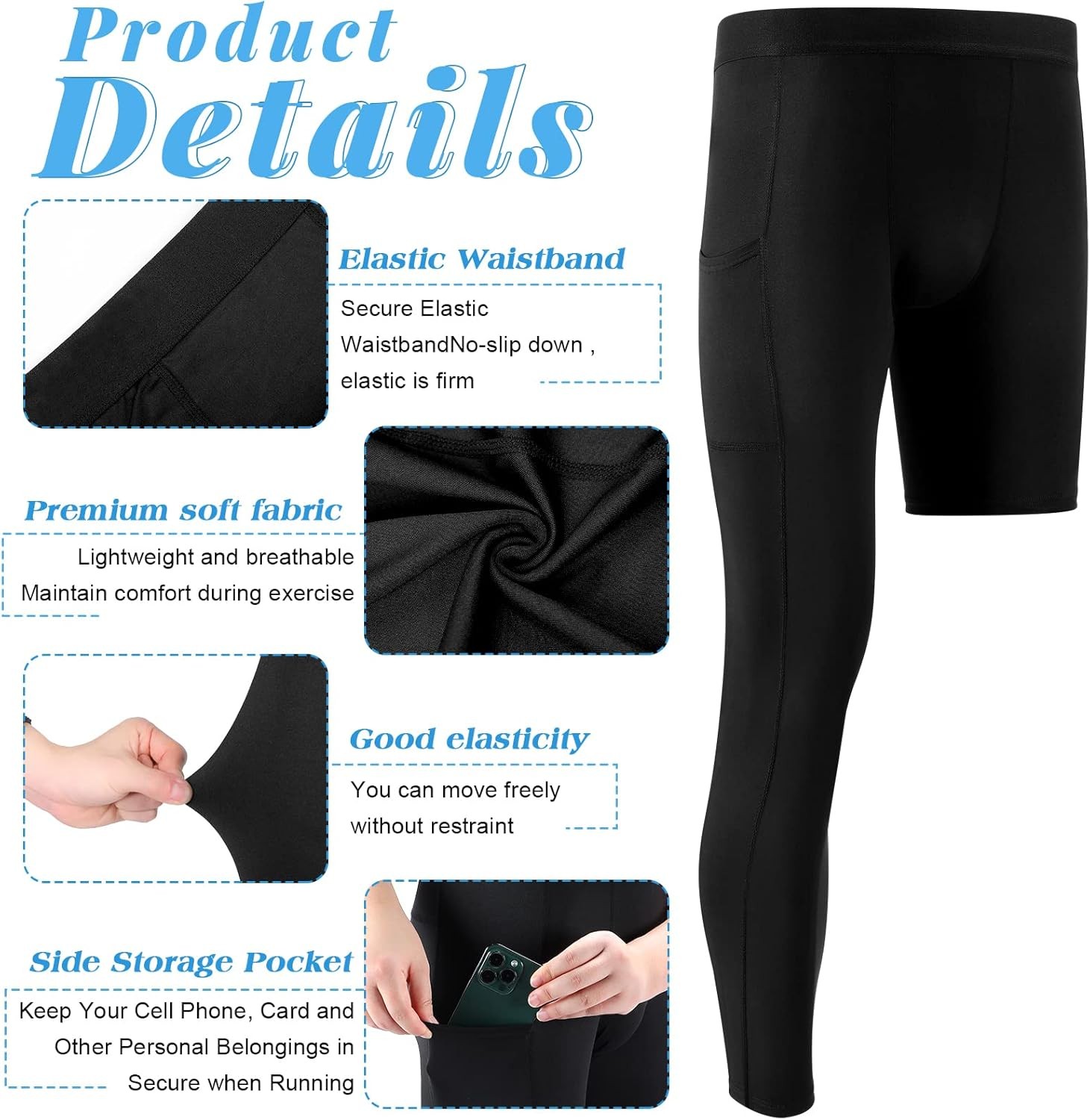 Hercicy 2 Packs 3/4 One Leg Compression Tights for Men Small, Pocket R Style