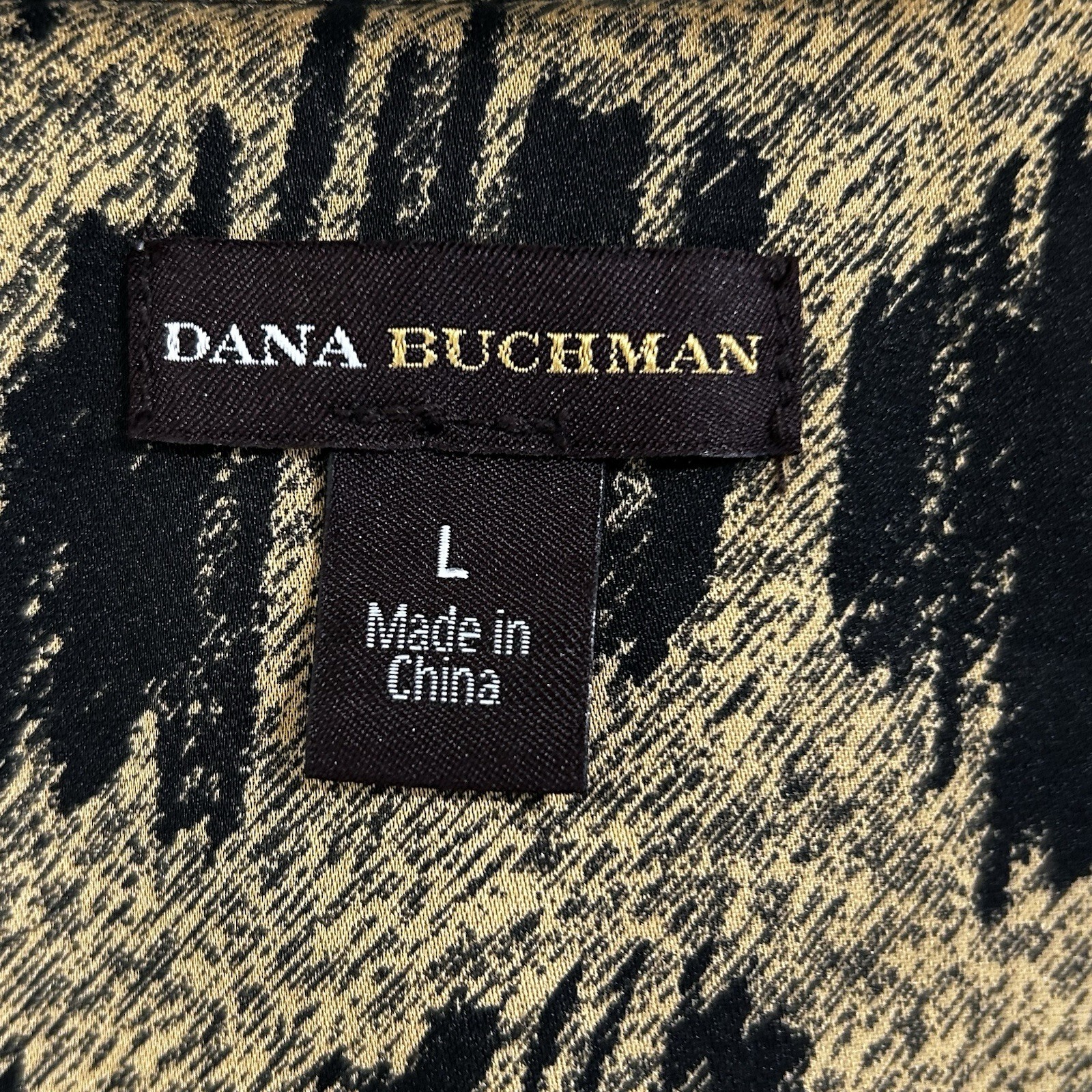 Dana Buchman Blouse Top Size Large Black Gold Animal Print Dolman Sleeve Top.