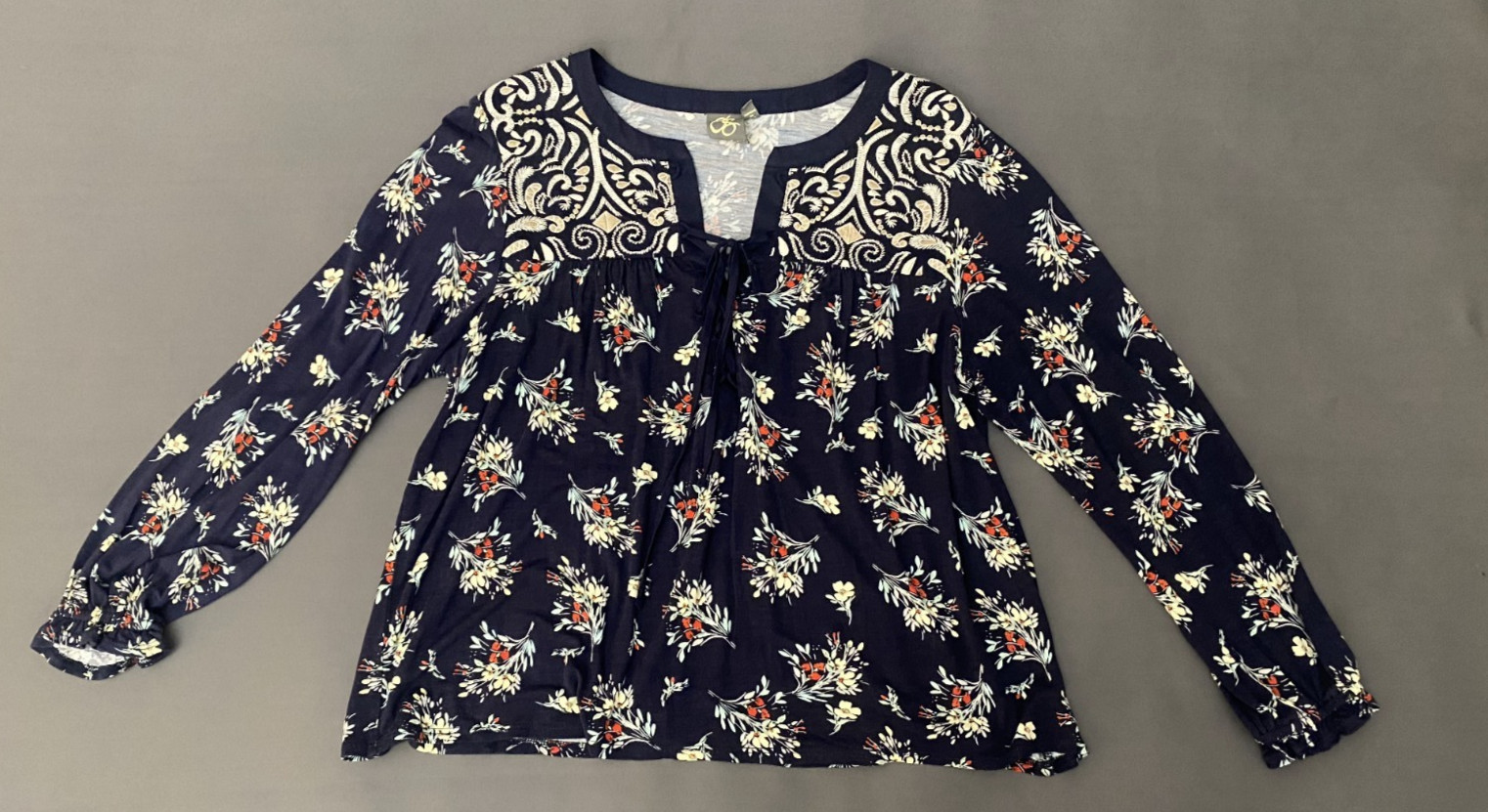 Anthropologie Black Floral Rayon Blend Long Sleeve Popover Blouse Size Large