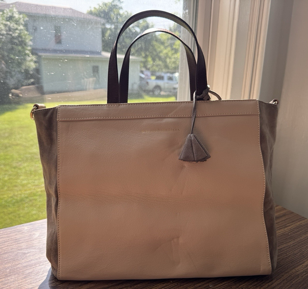 mercer&madison Medium Beige/Brown Tote Top Handle Magnetic, Pockets Tassel