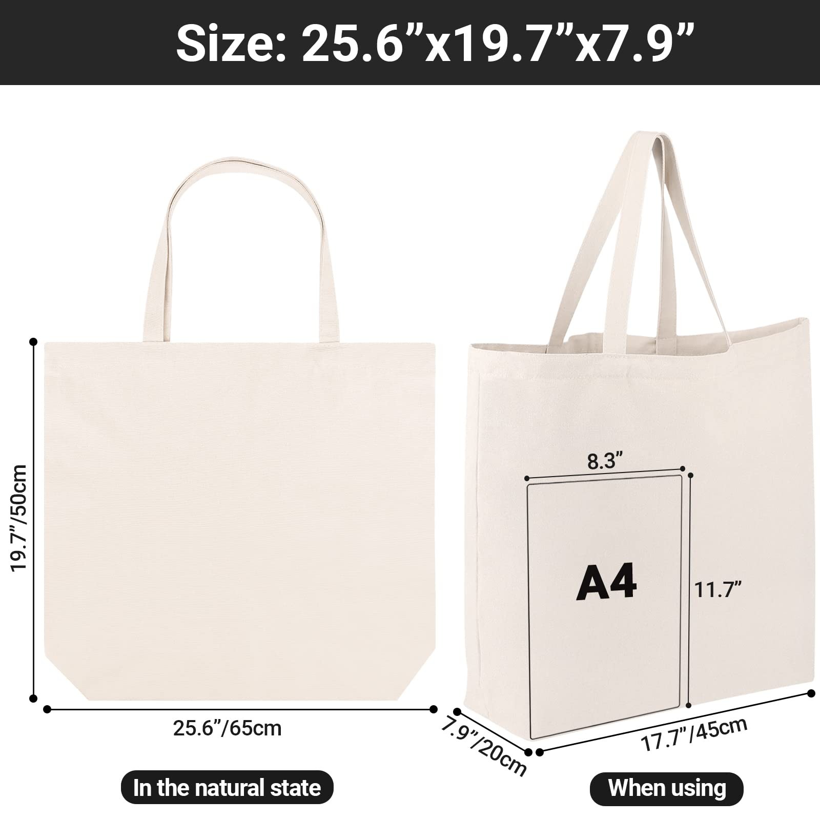 Segarty 2 Pack Canvas Tote Bag 25.6×19.6 14oz Natural Cotton Shoulder Bag