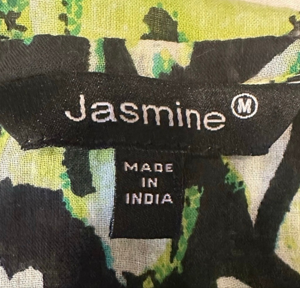 Jasmine Cotton Tunics Blouse M Green Animal Print Beaded Neckline Bell Sleeve