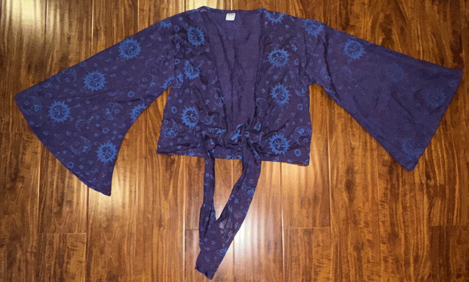 Celestial Sun Moon Boho Kimono Cropped Purple Wrap Top No Size
