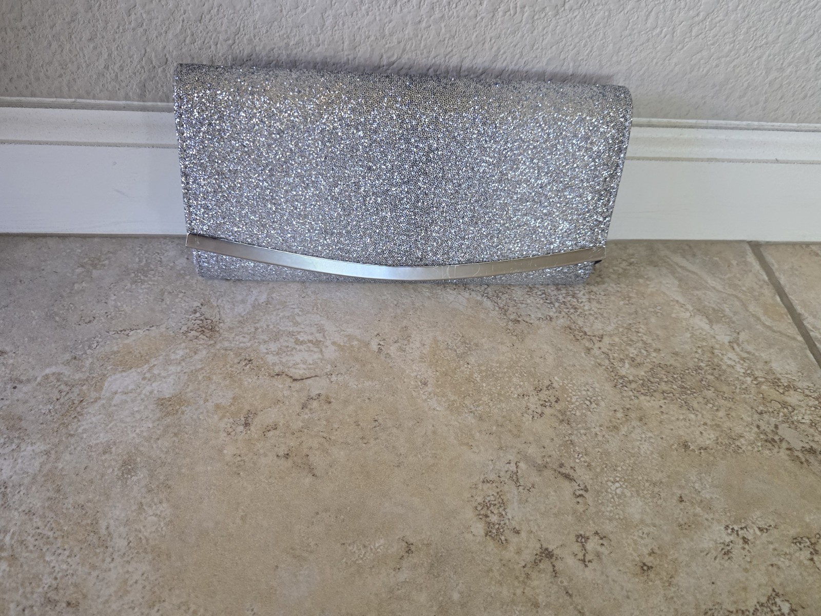 Silver Glitter Evening Clutch Purse Bag w/ Chain Strap~wedding Prom Formal Party