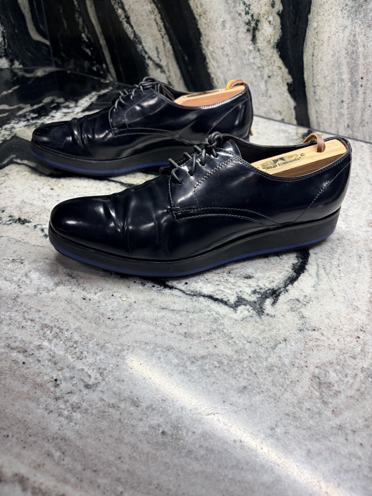 Prada Black Leather Derby Shoes Blue Rubber Sole Women’s EU 37 US 7 Italy