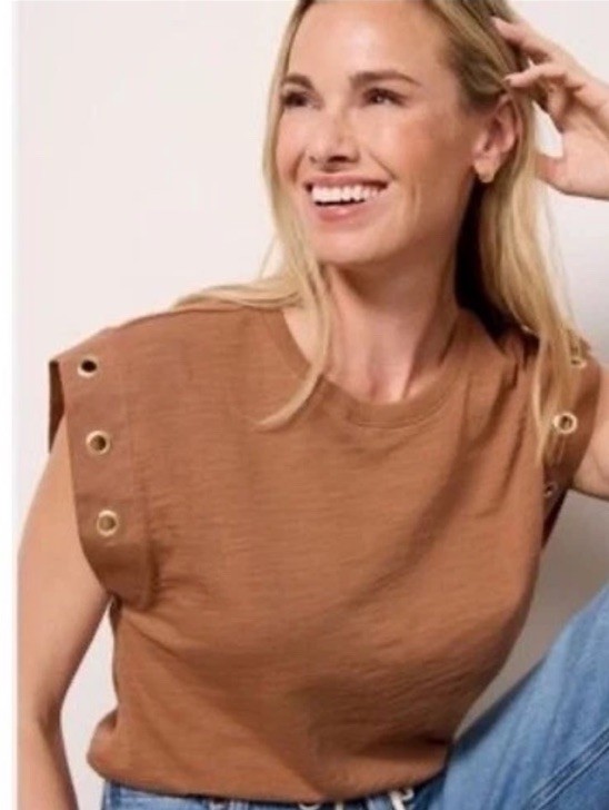Nation LTD Oran Muscle Tee Grommet Slub Cotton Brown Sz XS F24