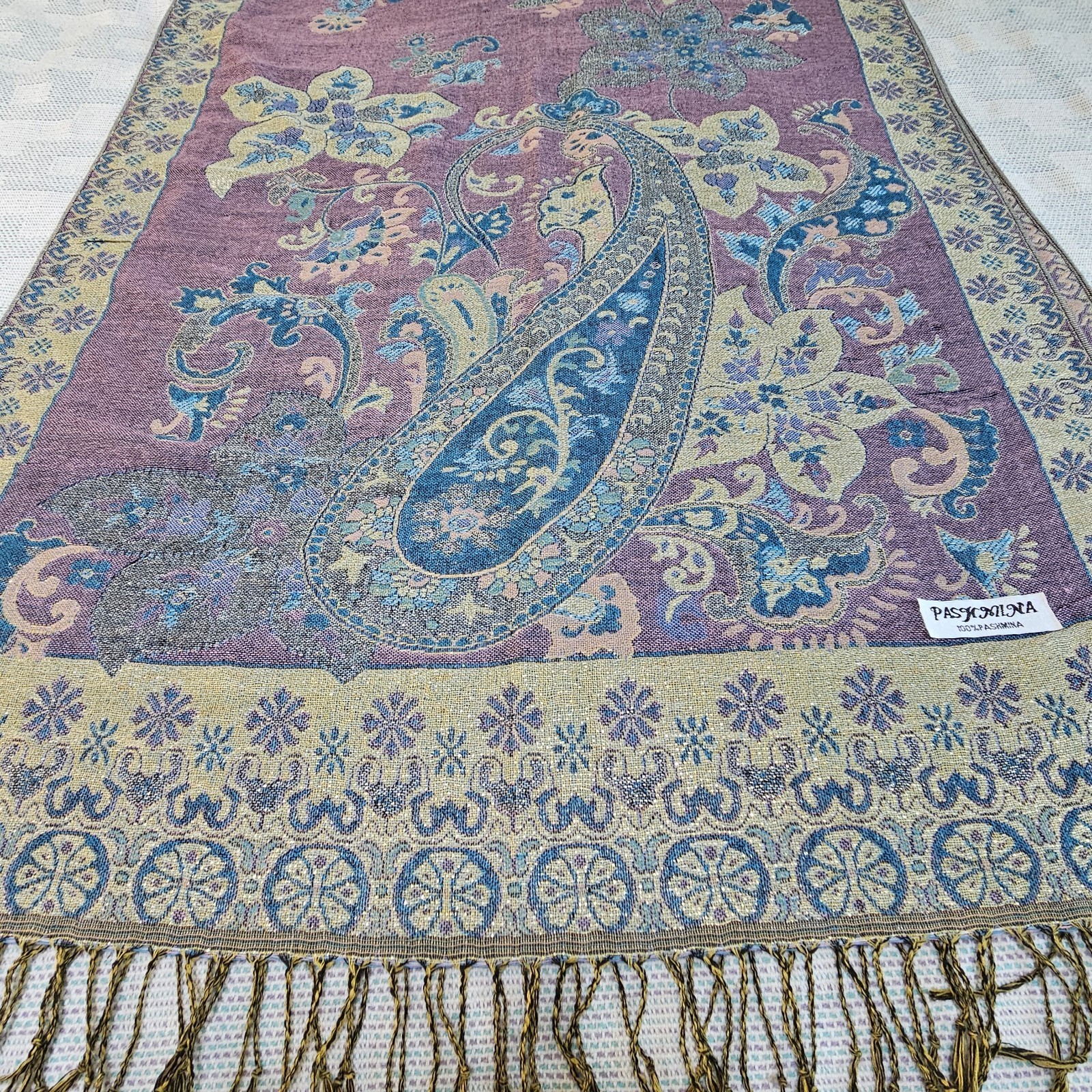 100% Pashmina Wrap Floral Paisley Scarf Shawl Fringe Purple Blue Silver Shimmer