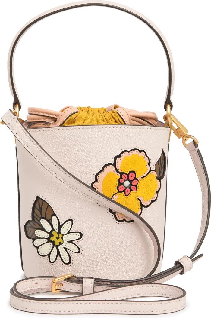 NWT Tory Burch Robinson Appliqué Mini Bucket Bag $428 Ballerina Pink Original pa