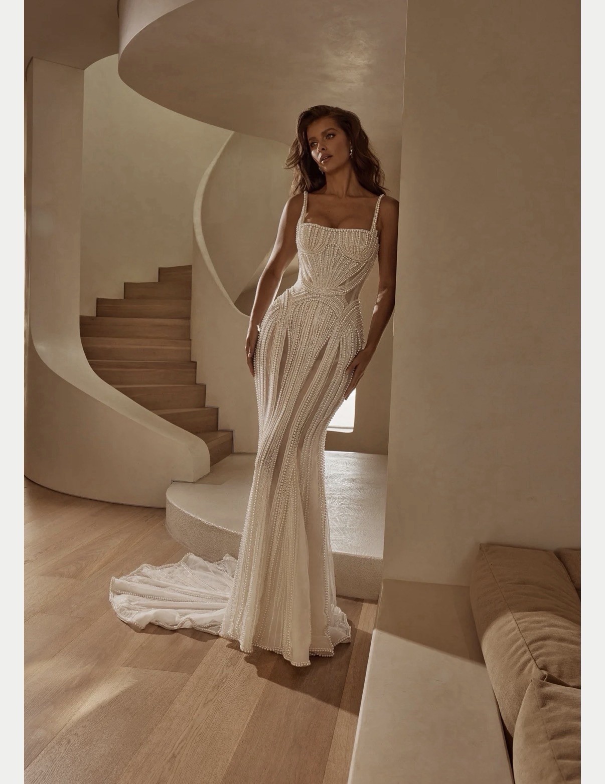 Leah da Gloria Drew White Strapless Sleeveless Beaded Mermaid Wedding Dress