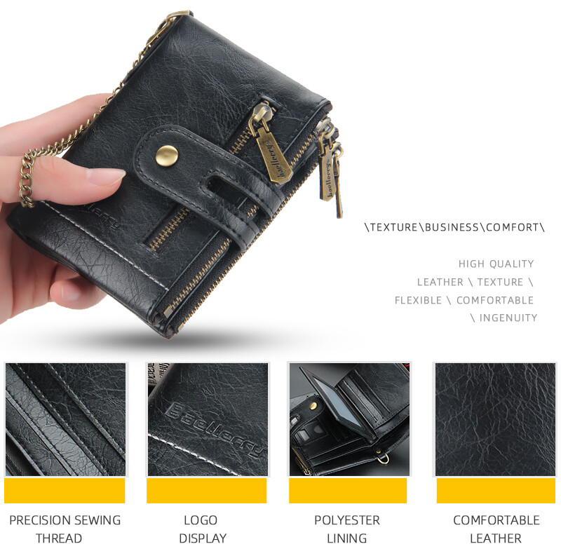 Men Leather Black Wallet with Anti-theft Chain Bifold Double Zipper Purse Gift