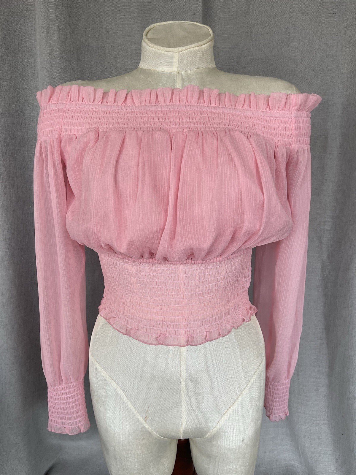 Bar!!! Pink Smocked Off The Shoulder Long Sleeve Crop Blouse Top Women Size M