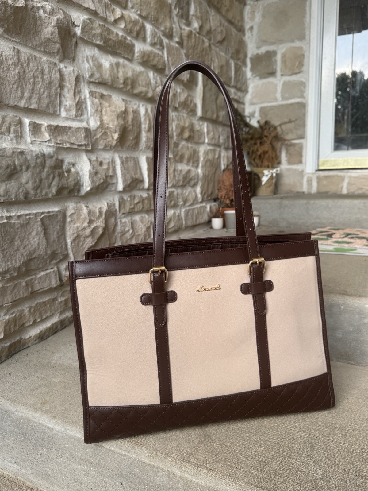 Lacoste Beige Brown Colorblock Zip Tote Bag Lined Inner Pockets Bottom Studs