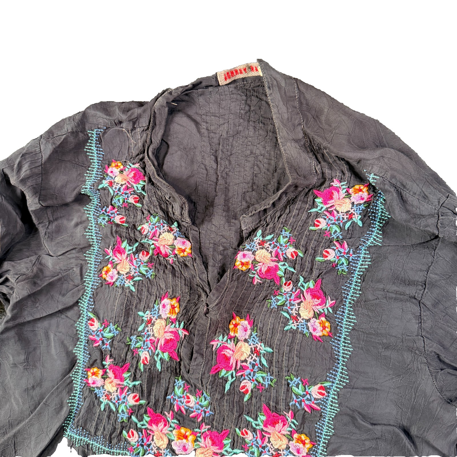 Johnny Was Blouse Top Women L Slate Gray Embroidered Floral Pintuck Crinkle Boho