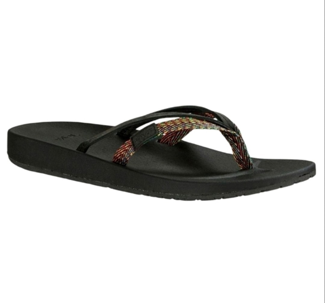 Teva Women’s 8M “Azure 2 Strap” Flip Flops, Black Leather Rainbow Chevron Straps