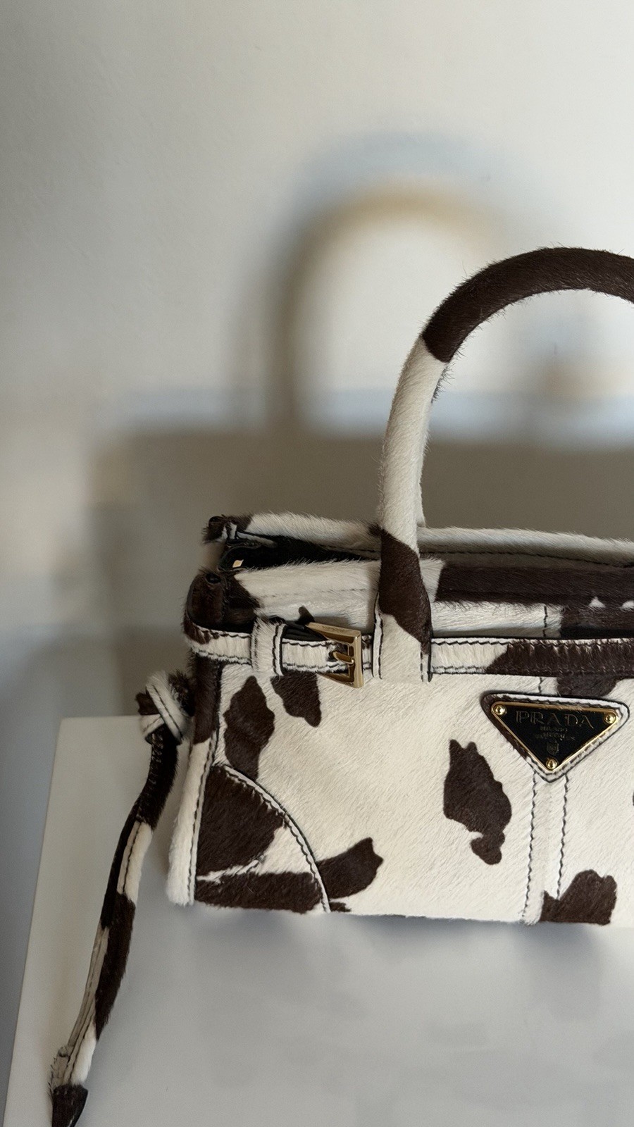PRADA Cow Print Satchel Top Handle Bag w/ Detachable Adjustable Strap Zip