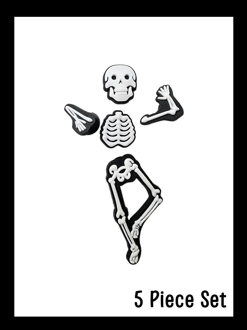 5 Piece Skeleton Shoe Charm Lot, Fits Clog-style shoes, Spooky Halloween, Skull