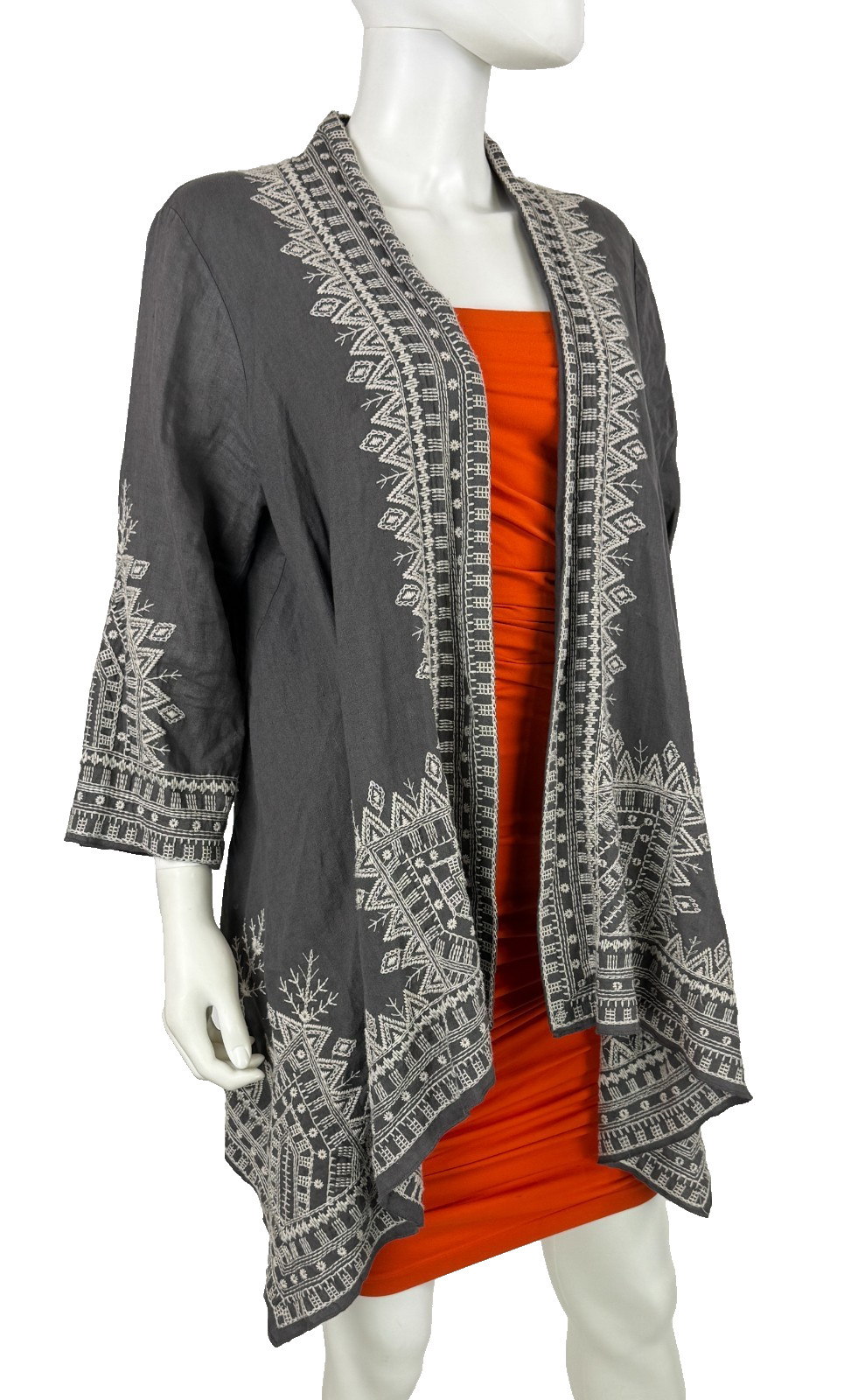 Johnny Was Gray 100% Linen Kimono Cardigan Top 8 10 US 44 46 IT M Embroidered