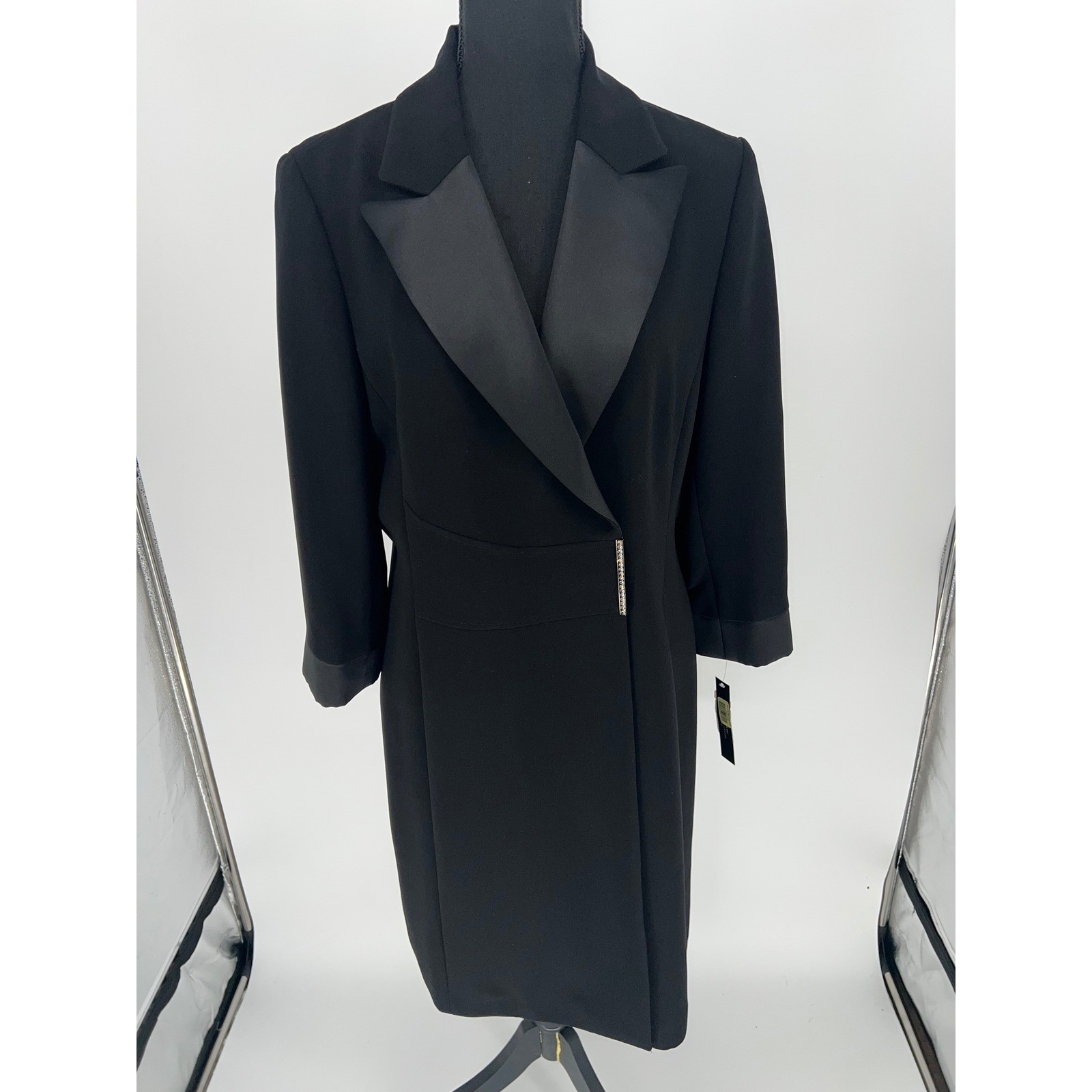Alyssa Black Tuxedo Wrap Dress Satin Lapel Rhinestone Detail 12P 8223P845