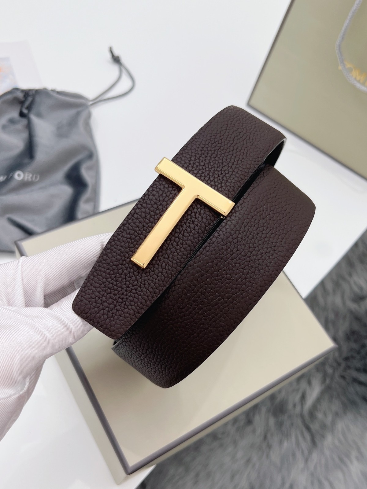 Tom Ford Belt Reversible Gold T-Buckle, Brown/Black Calfskin Leather